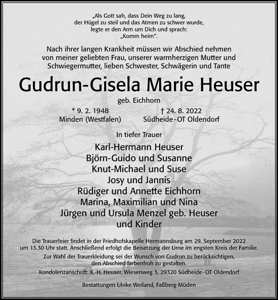 Traueranzeige von Gudrun-Gisela Marie Heuser von Cellesche Zeitung