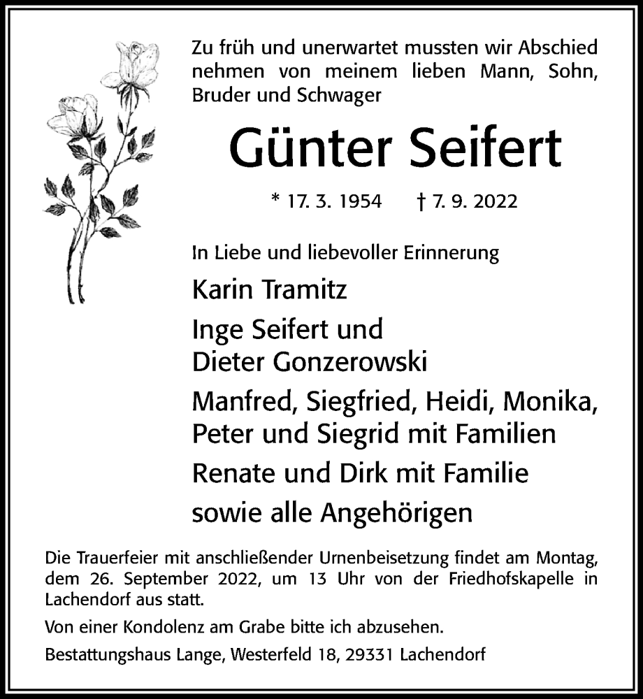  Traueranzeige für Günter Seifert vom 17.09.2022 aus Cellesche Zeitung