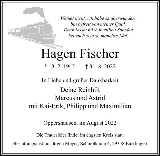 Traueranzeige von Hagen Fischer von Cellesche Zeitung