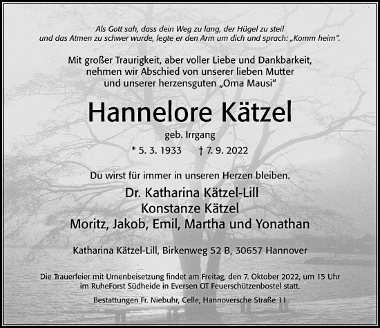 Traueranzeige von Hannelore Kätzel von Cellesche Zeitung