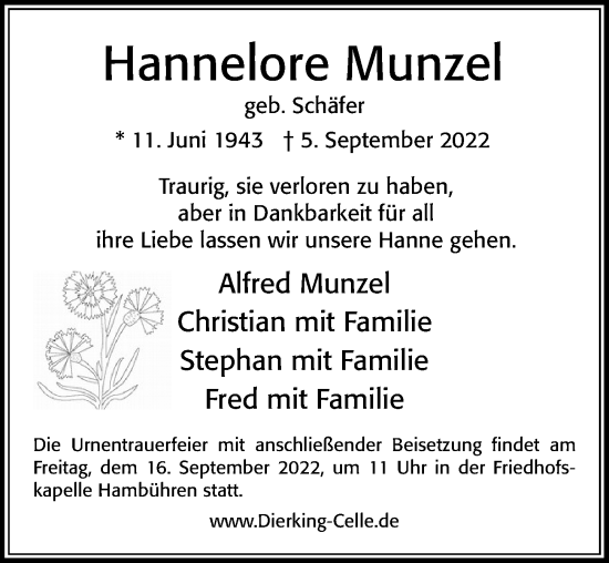 Traueranzeige von Hannelore Munzel von Cellesche Zeitung