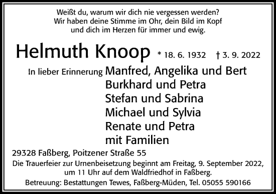 Traueranzeige von Helmuth Knoop von Cellesche Zeitung