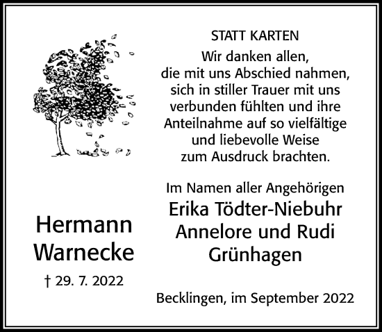 Traueranzeige von Hermann Warnecke von Cellesche Zeitung