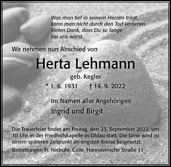 Traueranzeige von Herta Lehmann von Cellesche Zeitung
