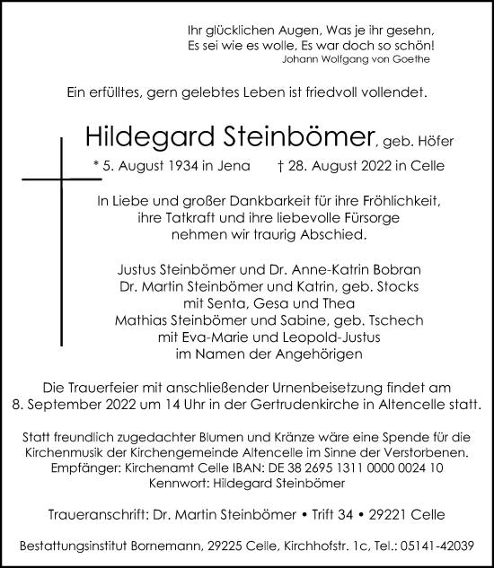 Traueranzeige von Hildegard Steinbömer von Cellesche Zeitung