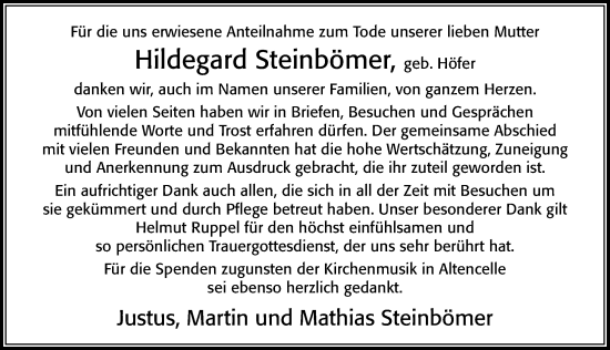 Traueranzeige von Hildegard Steinbömer von Cellesche Zeitung