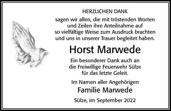 Traueranzeige von Horst Marwede von Cellesche Zeitung