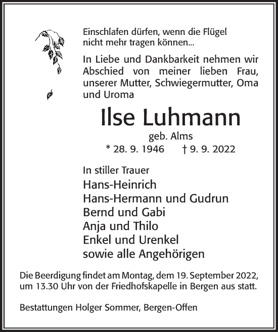 Traueranzeige von Ilse Luhmann von Cellesche Zeitung