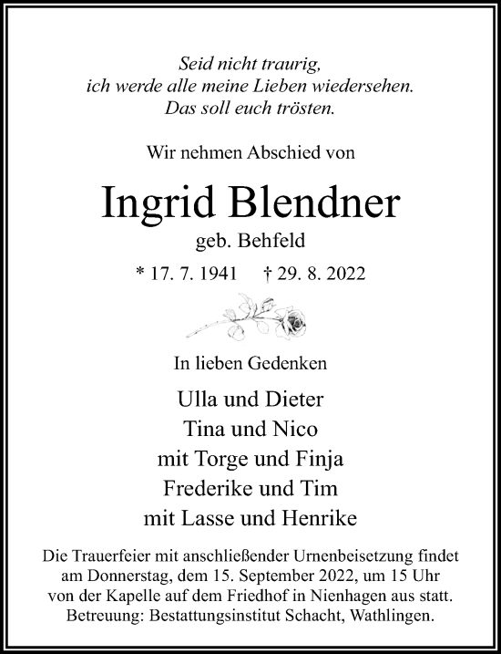 Traueranzeige von Ingrid Blendner von Cellesche Zeitung
