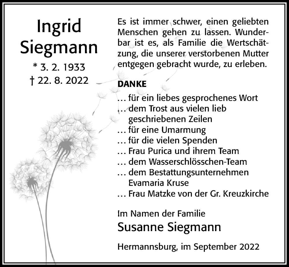 Traueranzeige für Ingrid Siegmann vom 23.09.2022 aus Cellesche Zeitung