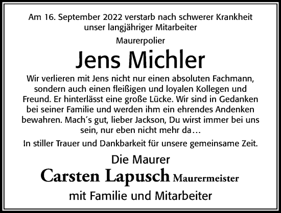 Traueranzeige von Jens Michler von Cellesche Zeitung