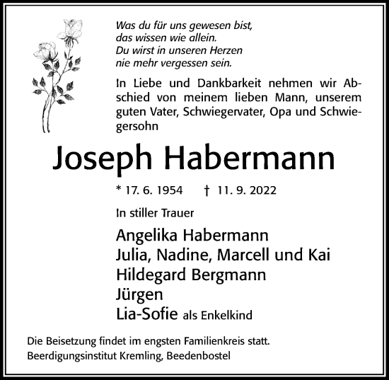 Traueranzeige von Joseph Habermann von Cellesche Zeitung