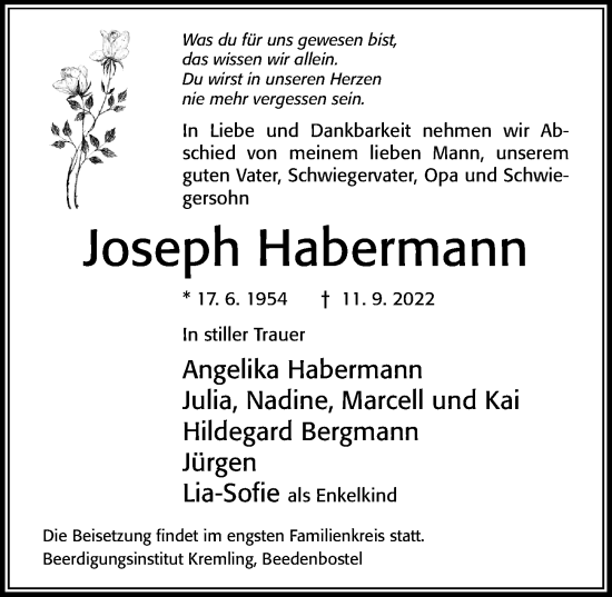 Traueranzeige von Joseph Habermann von Cellesche Zeitung
