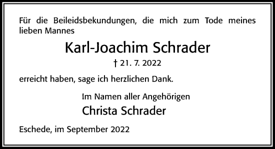 Traueranzeige von Karl-Joachim Schrader von Cellesche Zeitung