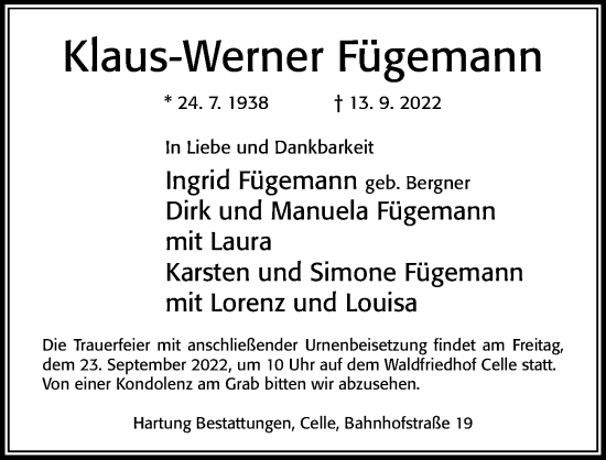 Traueranzeige von Klaus-Werner Fügemann von Cellesche Zeitung
