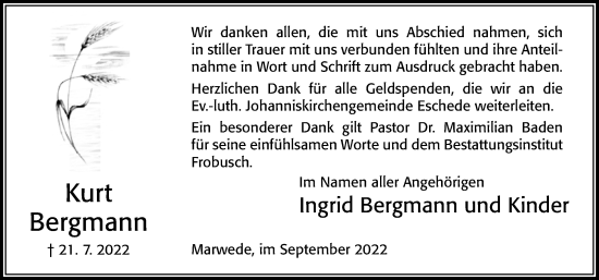 Traueranzeige von Kurt Bergmann von Cellesche Zeitung