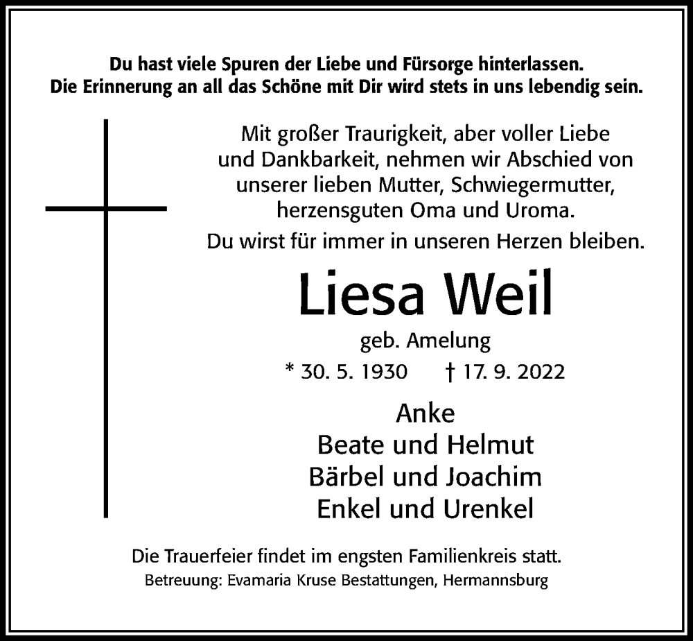  Traueranzeige für Liesa Weil vom 22.09.2022 aus Cellesche Zeitung