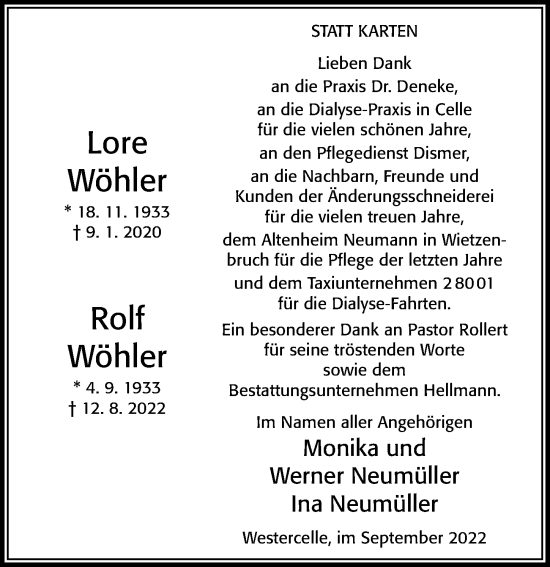 Traueranzeige von Lore Wöhler von Cellesche Zeitung