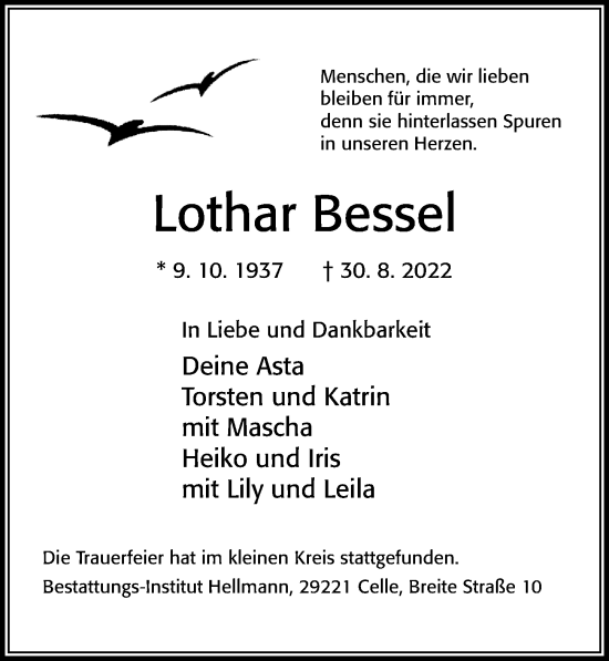 Traueranzeige von Lothar Bessel von Cellesche Zeitung