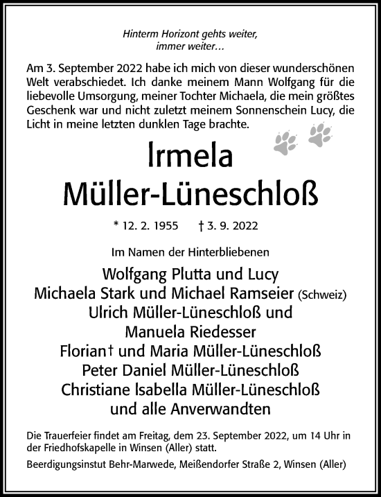 Traueranzeige von lrmela Müller-Lüneschloß von Cellesche Zeitung