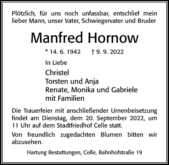 Traueranzeige von Manfred Hornow von Cellesche Zeitung