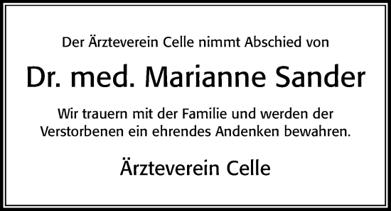 Traueranzeige von Marianne Sander von Cellesche Zeitung