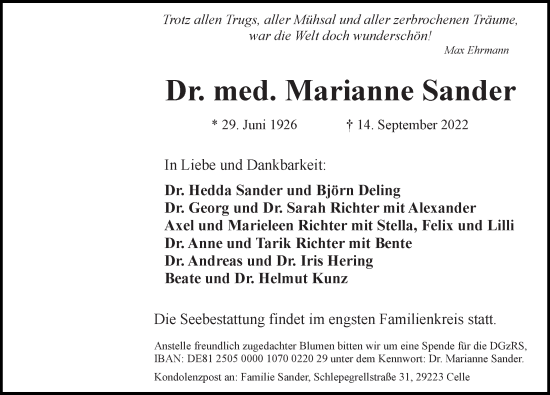 Traueranzeige von Marianne Sander von Cellesche Zeitung