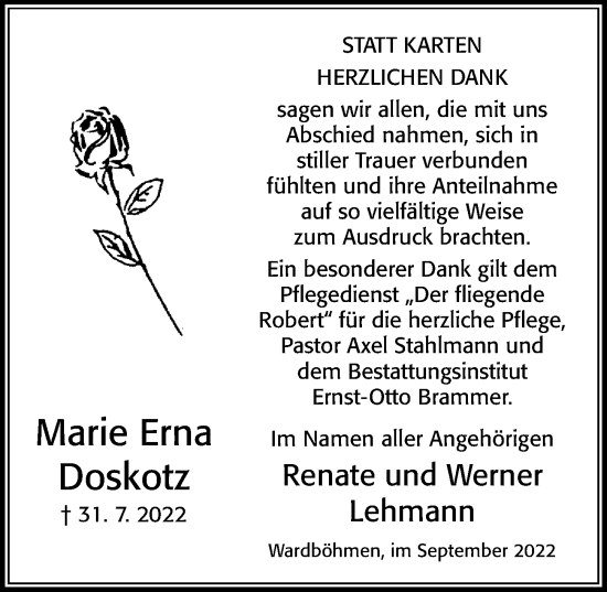 Traueranzeige von Marie Erna Doskotz von Cellesche Zeitung