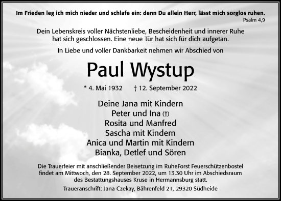 Traueranzeige von Paul Wystup von Cellesche Zeitung