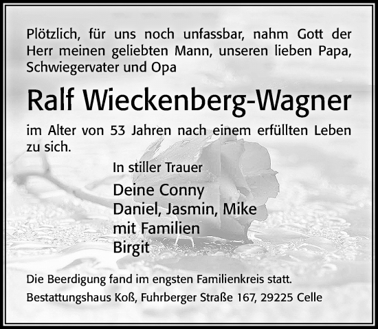 Traueranzeige von Ralf Wieckenberg-Wagner von Cellesche Zeitung