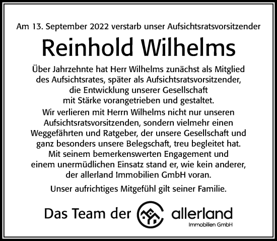 Traueranzeige von Reinhold Wilhelms von Cellesche Zeitung
