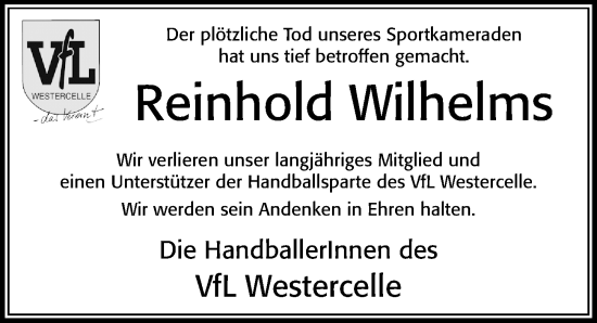 Traueranzeige von Reinhold Wilhelms von Cellesche Zeitung