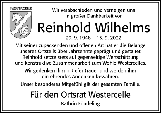 Traueranzeige von Reinhold Wilhelms von Cellesche Zeitung