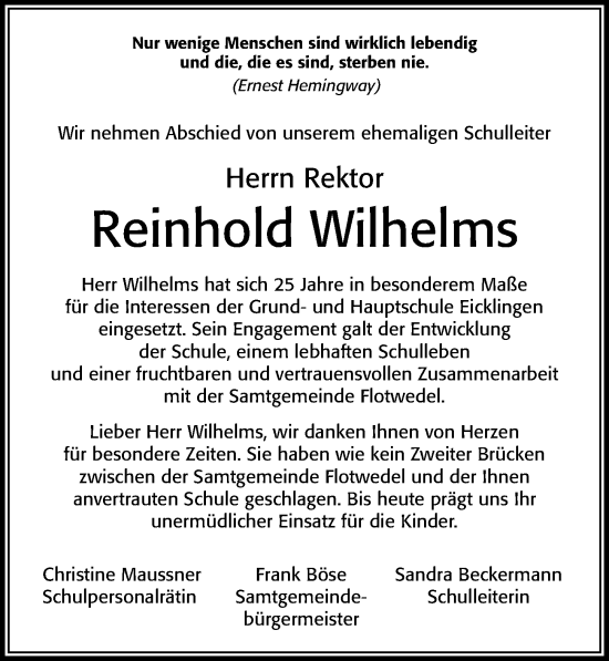 Traueranzeige von Reinhold Wilhelms von Cellesche Zeitung