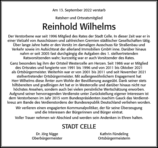 Traueranzeige von Reinhold Wilhelms von Cellesche Zeitung