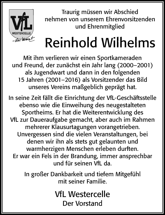 Traueranzeige von Reinhold Wilhelms von Cellesche Zeitung