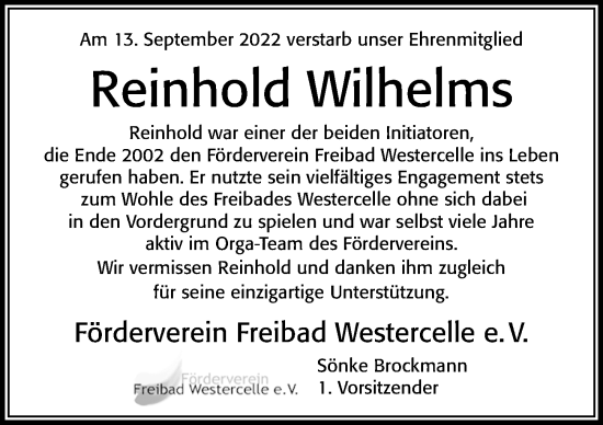 Traueranzeige von Reinhold Wilhelms von Cellesche Zeitung