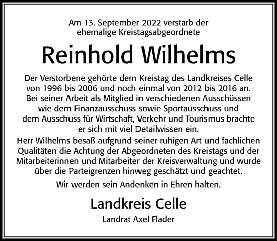 Traueranzeige von Reinhold Wilhelms von Cellesche Zeitung
