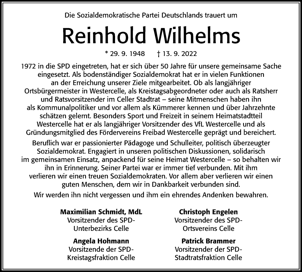  Traueranzeige für Reinhold Wilhelms vom 17.09.2022 aus Cellesche Zeitung