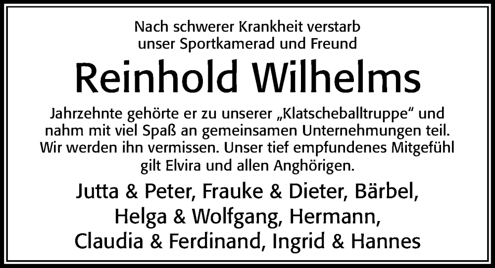  Traueranzeige für Reinhold Wilhelms vom 17.09.2022 aus Cellesche Zeitung