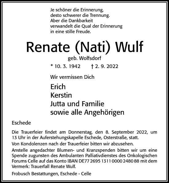 Traueranzeige von Renate Wulf von Cellesche Zeitung