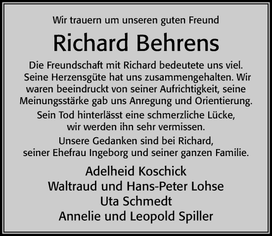 Traueranzeige von Richard Behrens von Cellesche Zeitung