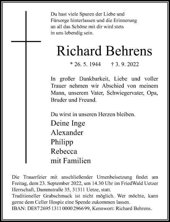 Traueranzeige von Richard Behrens von Cellesche Zeitung