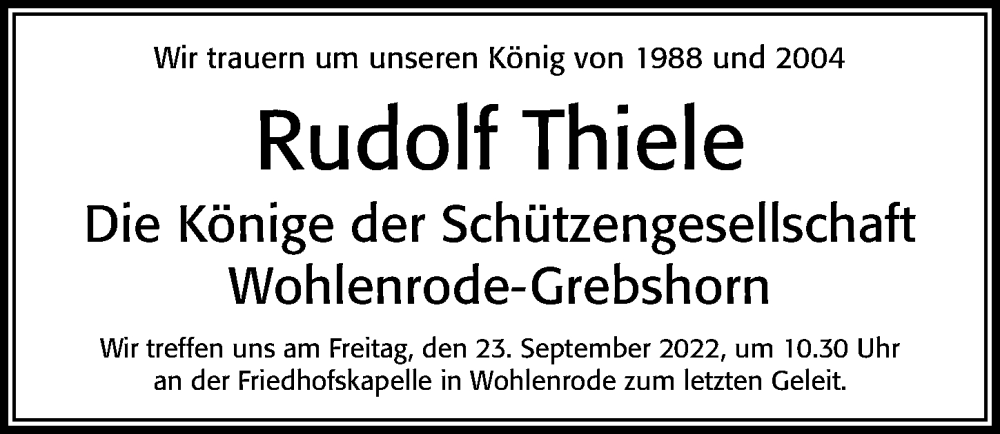  Traueranzeige für Rudolf Thiele vom 22.09.2022 aus Cellesche Zeitung
