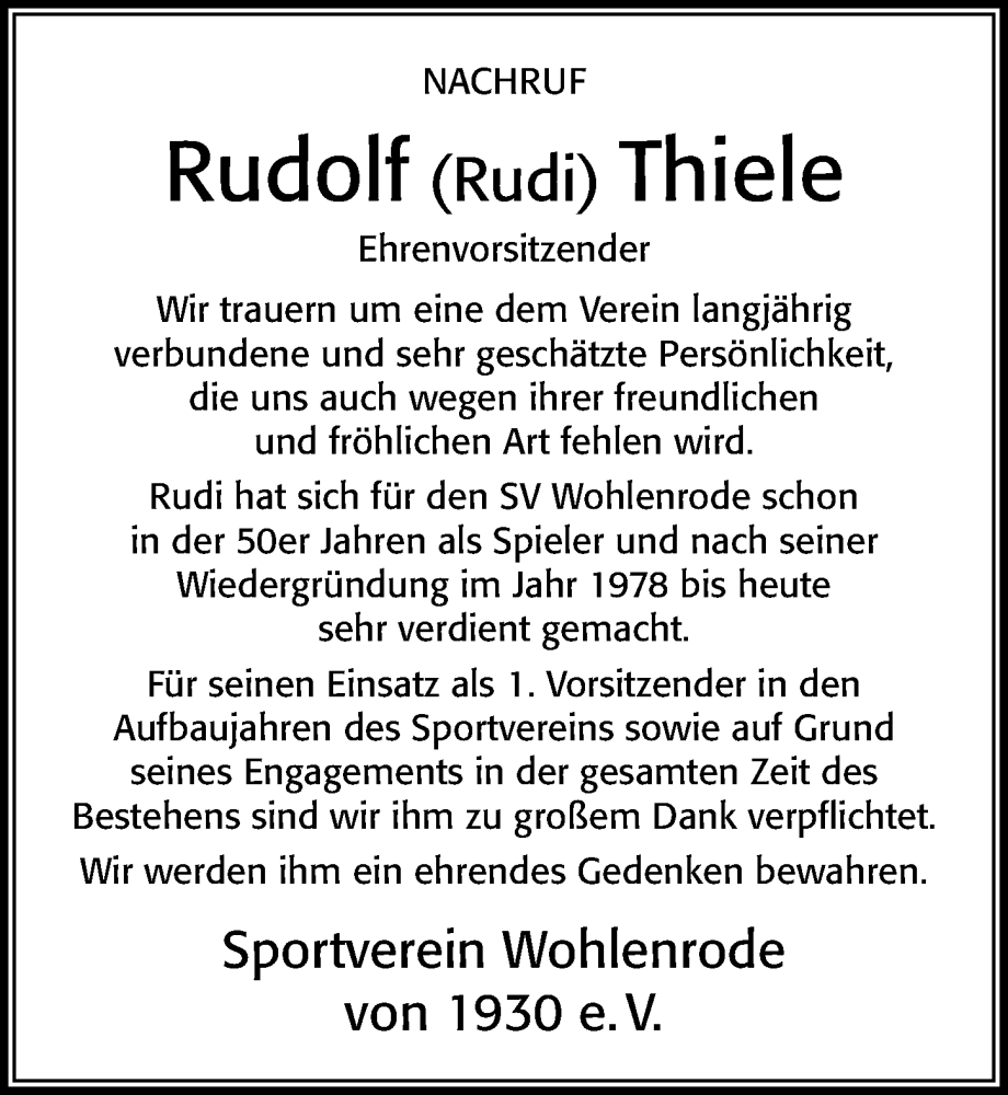  Traueranzeige für Rudolf  Thiele vom 20.09.2022 aus Cellesche Zeitung