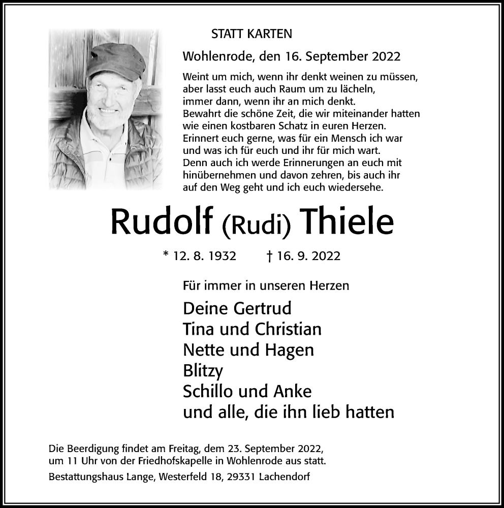  Traueranzeige für Rudolf Thiele vom 20.09.2022 aus Cellesche Zeitung