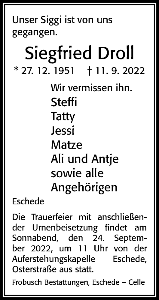  Traueranzeige für Siegfried Droll vom 21.09.2022 aus Cellesche Zeitung
