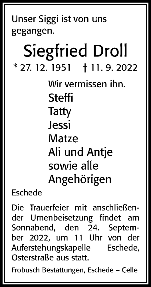 Traueranzeige von Siegfried Droll von Cellesche Zeitung