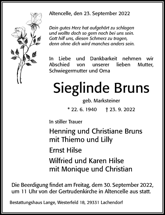 Traueranzeige von Sieglinde Bruns von Cellesche Zeitung