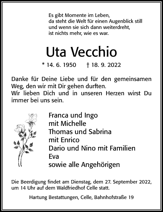 Traueranzeige von Uta Vecchio von Cellesche Zeitung